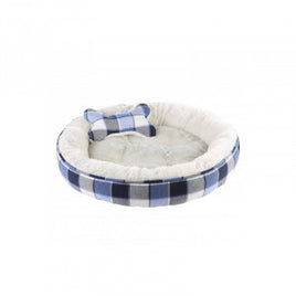Dream Paws - Blue Tartan Donut Dog Bed with Toy - 56cm x 56cm x 15cm