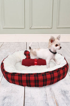 Dream Paws - Red Check Bundle Set (Bed, Blanket & Bone Toy) - 15x56x56cm