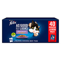 Felix - As Good As It Looks Mixed Wet Cat Food - Beef, Chicken, Tuna, Salmon - 100g Pouch (40Pk)