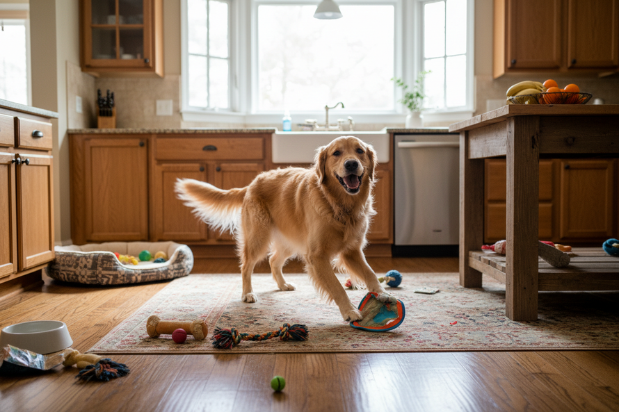 A DOG IN THE KITCHEN PLAYING WITH HIS FAVOURITE TOYS