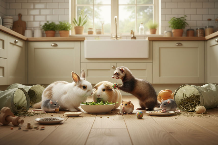 A PICTURE OF A RABBIT, GUINEA PIG, FERRET, HAMSTER, RAT, GERBIL AND MOUSE EATING AND PLAYIG TOGETHER IN A KITCHEN