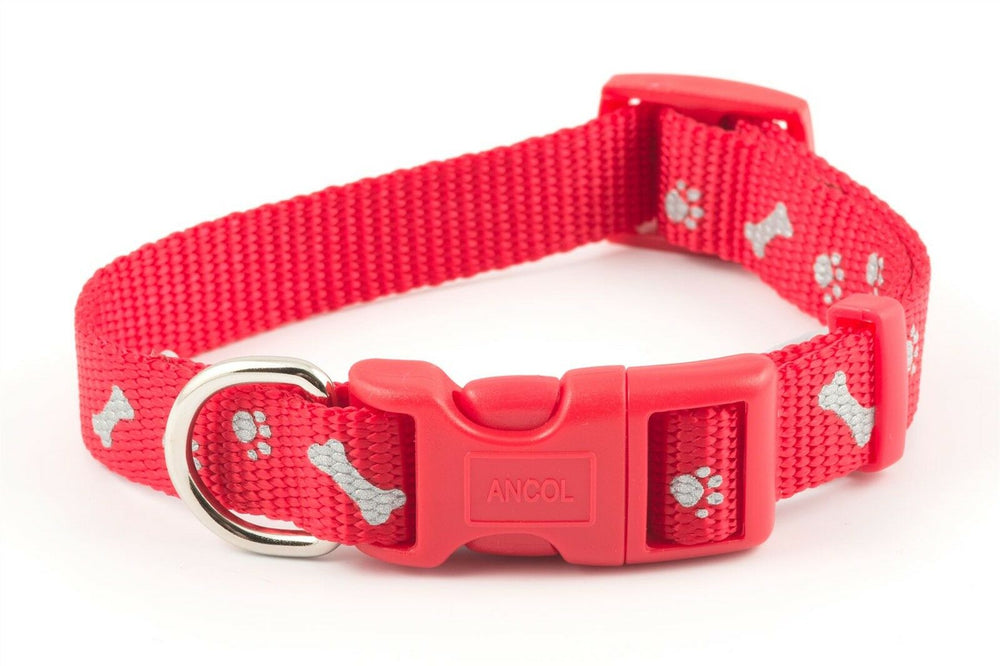 Ancol - Adjustable Patterned Collar - Red Paw & Bone - Size 1-2 (20-30cm)